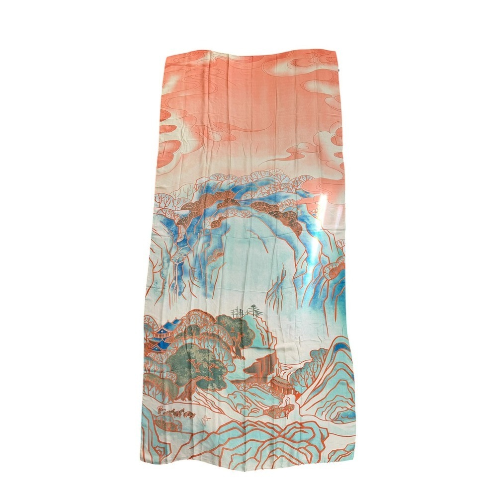 Asian Landscape Print Scarf Peach Teal Silk Feel Polyester Rectangular Wrap